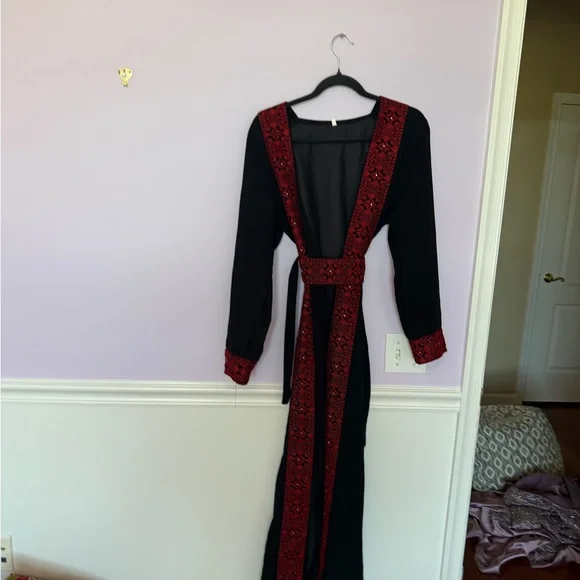 Black Maxi Cardigan Palestinian with Red Embroidered Trim - Picture 2 of 6